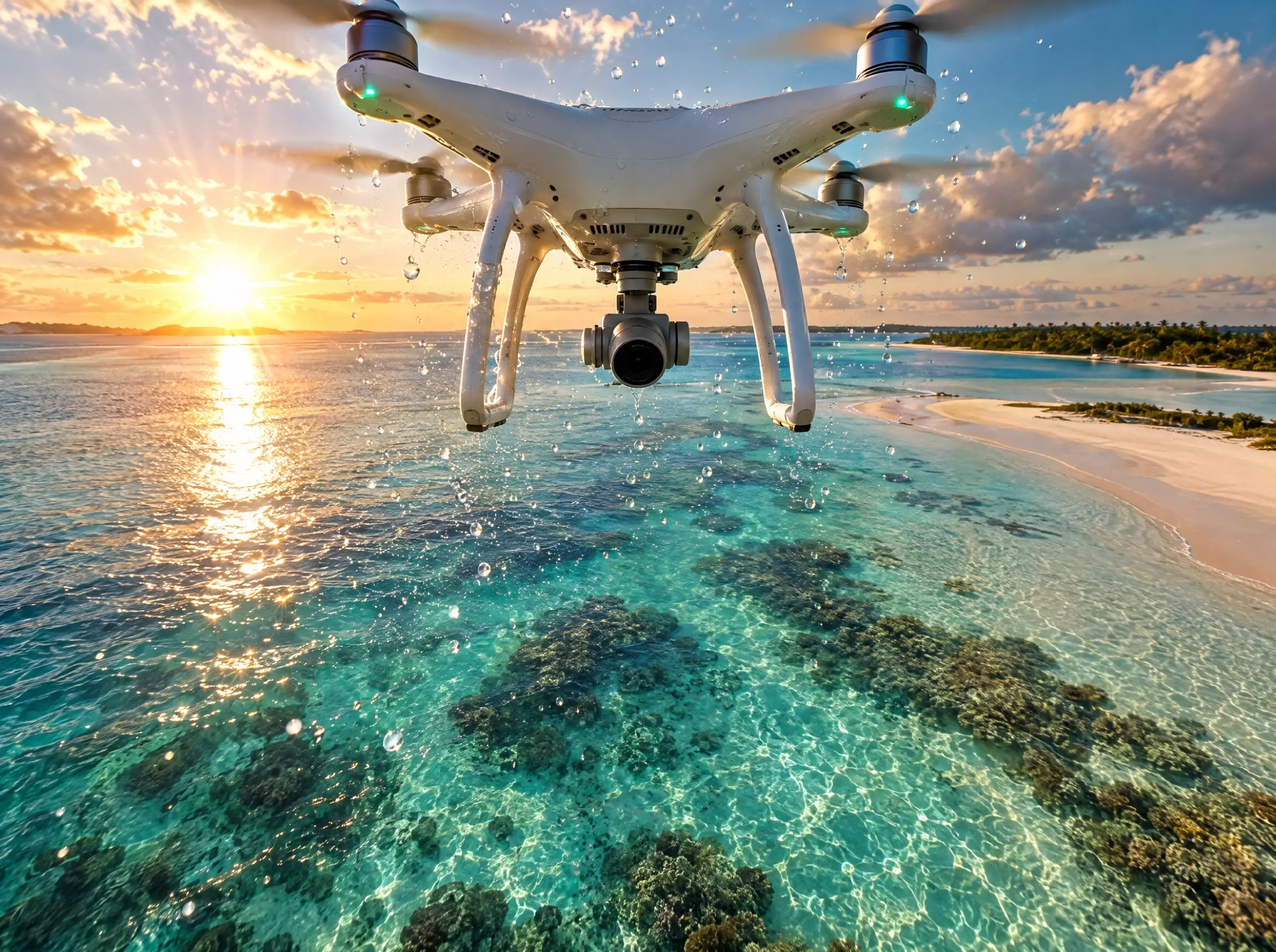 A consumer quadcopter hovering over a turquoise lagoon at golden hour, camera pointed straight down