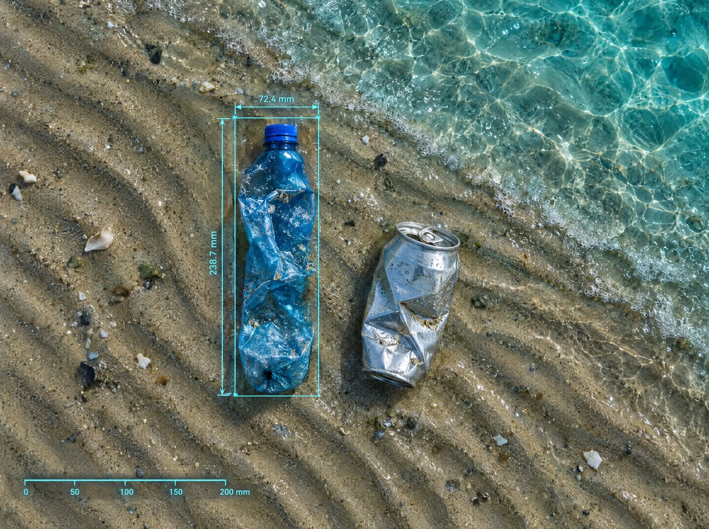 A crushed plastic bottle on rippled sand with precise dimension callouts and a millimetre scale bar drawn over it