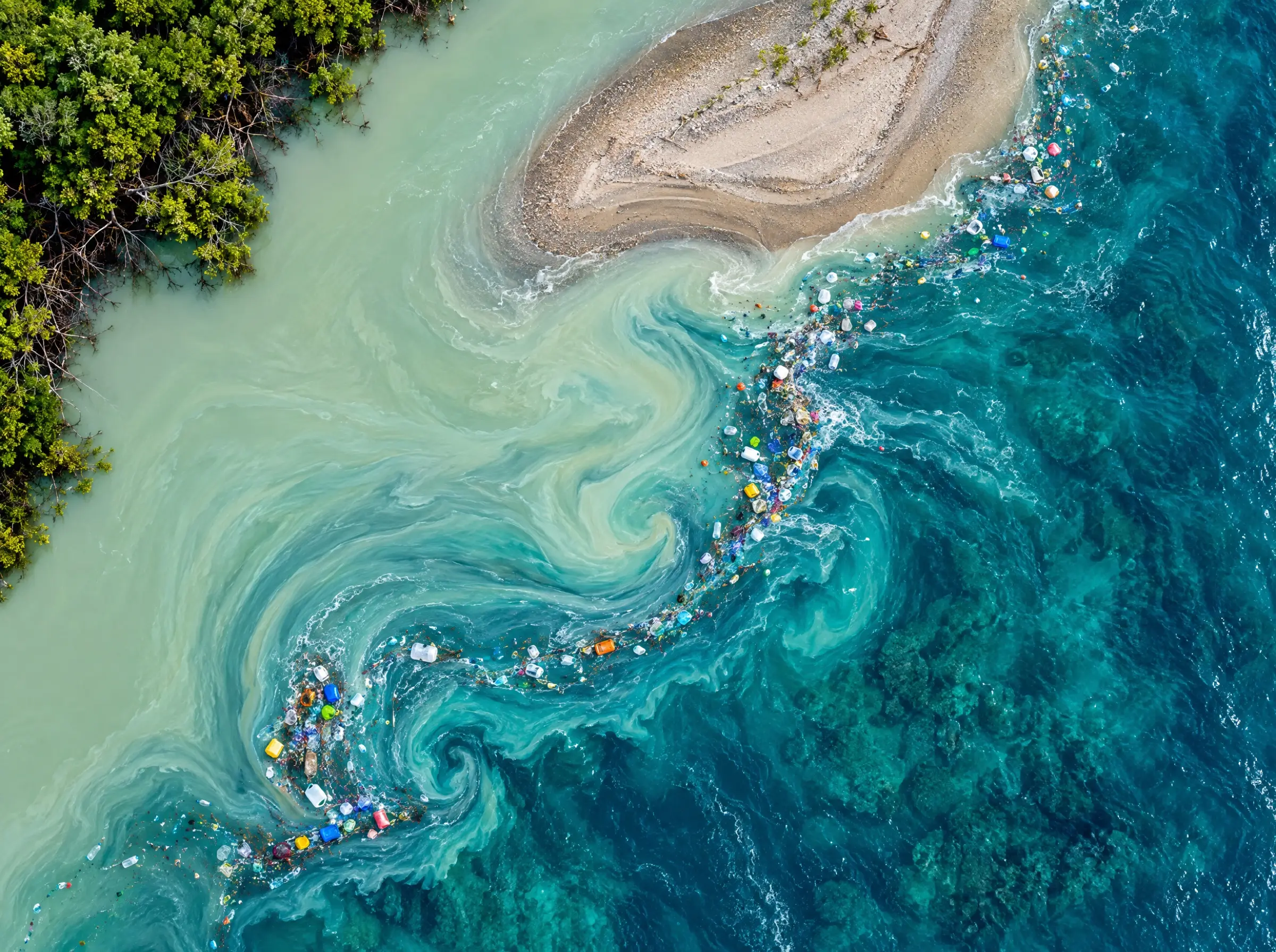 A raft of floating plastic gathered along the eddy line where a jade river meets turquoise sea, seen from above